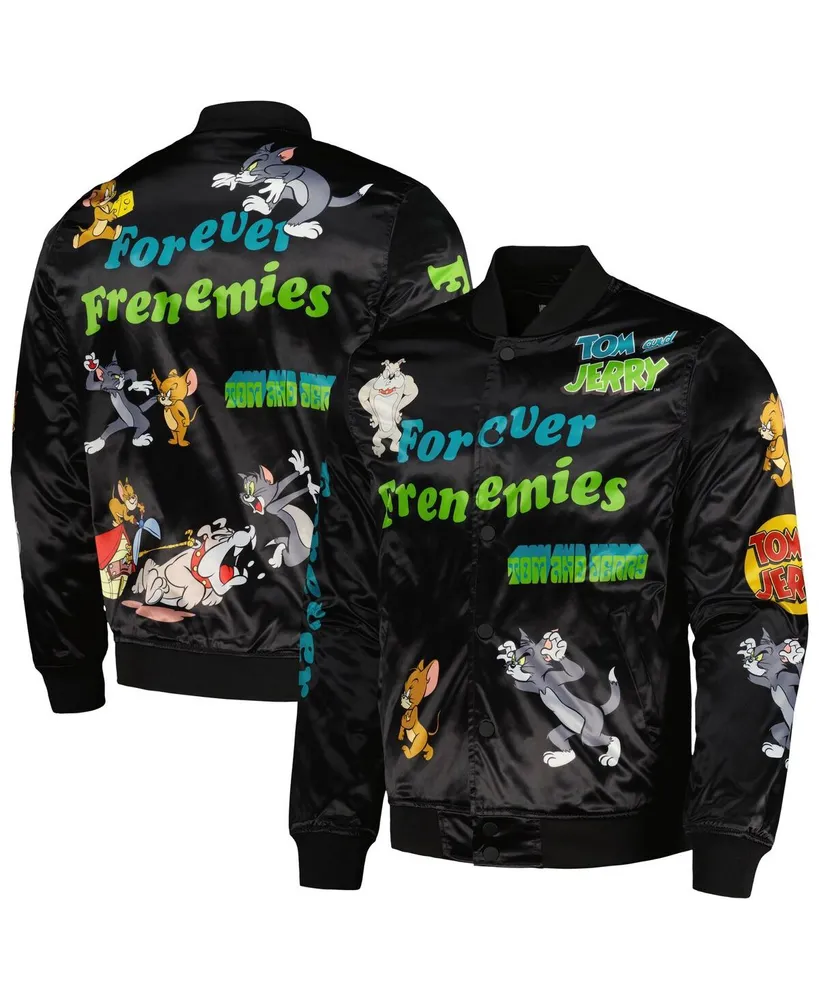 Men's Freeze Max Black Tom and Jerry Graphic Satin Full-Snap Jacket