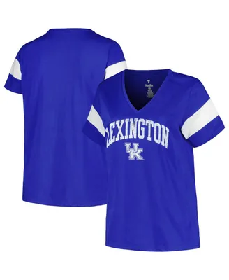 Women's Profile Royal Distressed Kentucky Wildcats Plus Arched City Sleeve Stripe V-Neck T-shirt