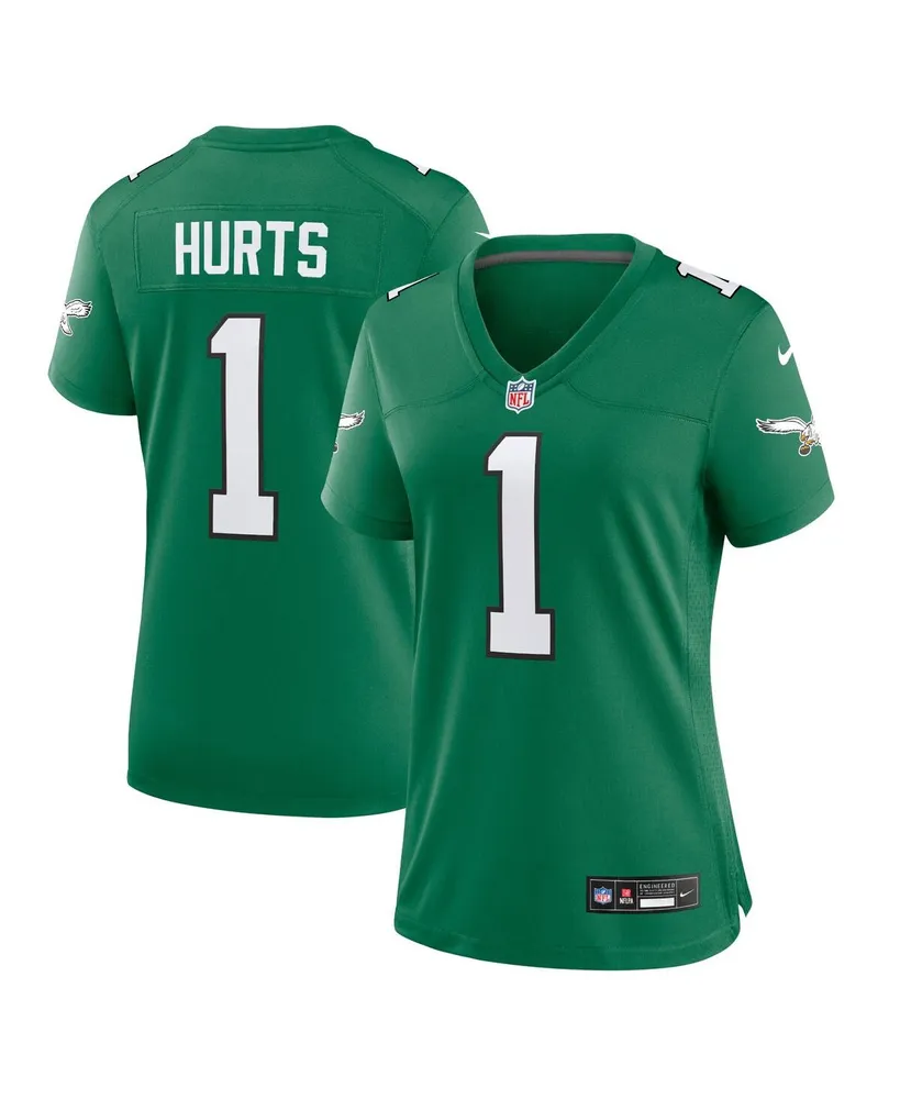 Women's Majestic Threads Jalen Hurts Midnight Green Philadelphia Eagles Name & Number Off-Shoulder Script Cropped Long Sleeve V-Neck T-Shirt Size: