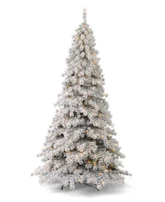 Seasonal Flocked Winter Fir 9' Pre-Lit Flocked Hard Needle Tree with Metal Stand 1198 Tips, 400 Warm Led, Remote, Ez-Connect, Storage Bag