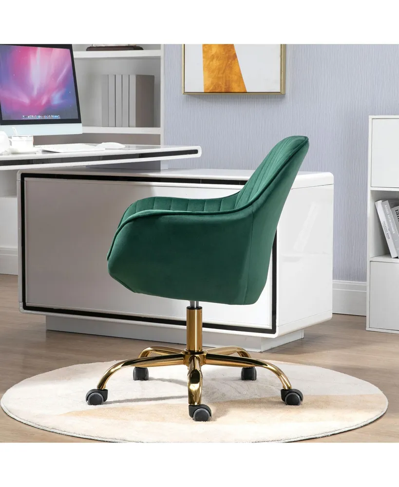 360° Green Velvet Swivel Chair With High Back, Adjustable Working Chair With Golden Color Base