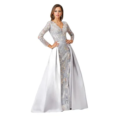 Lara Women's Long Sleeve Lace Gown with Removable Over Skirt
