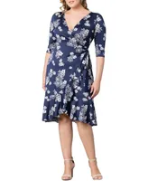 Kiyonna Plus Flirty Flounce Midi Wrap Dress with 3/4 Sleeves