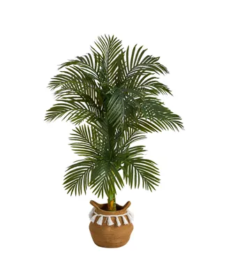 Nearly Natural 60" Artificial Double Stalk Cane Palm Tree with Handmade Woven Cotton Basket