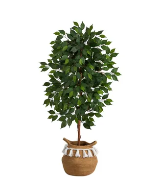 Nearly Natural 48" Artificial Ficus Tree with Handmade Jute Cotton Basket with Tassels