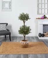 Nearly Natural 54" Artificial Olive Double Topiary 60" Artificial Bougainvillea Tree with Handmade Jute Cotton Basket with Tassels