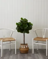 Nearly Natural 48" Artificial Fiddle Leaf Fig Tree with Handmade Jute Cotton Basket with Tassels Diy Kit