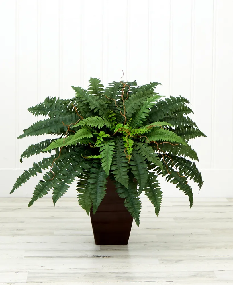 Nearly Natural 23" Artificial Boston Fern Plant with Tapered Bronze Square Metal Planter Diy Kit