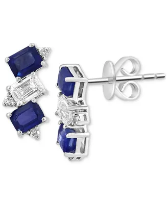 Effy Blue Sapphire (1-1/2 ct. t.w.), White Sapphire (1/2 ct. t.w.) & Diamond (1/20 ct. t.w.) Emerald-Cut Stud Earrings in Sterling Silver