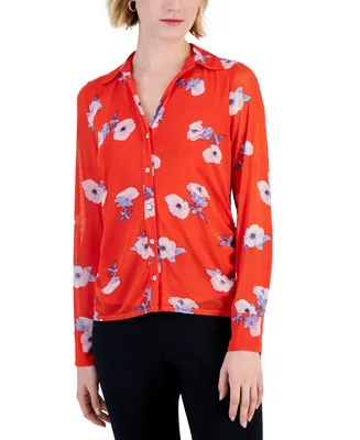 Bar Iii Women's Floral-Print Mesh Shirt, Created for Macy's