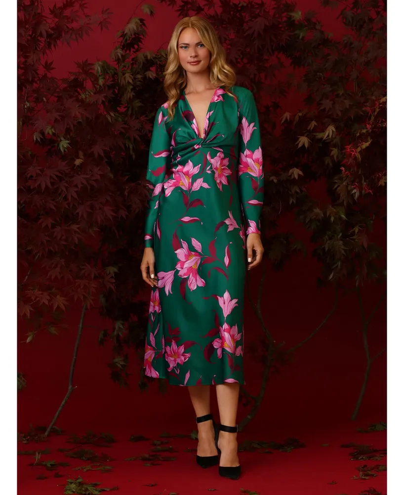 Maggy London Women's Floral-Print Twist-Front Midi Dress