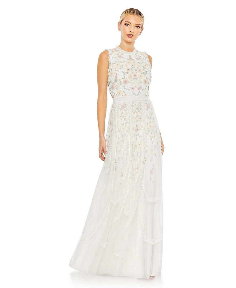 Women's Embellished High Neck Sleeveless Ruffled Gown