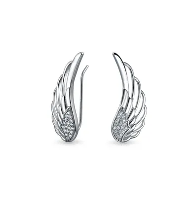 Bling Jewelry Trendy Spiritual Guardian Angel Wing Feather Ear Pin Climbers Earrings For Women Round Cubic Zirconia Pave Cz Crawler .925 Sterling Silv