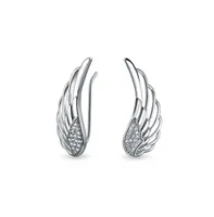 Bling Jewelry Trendy Spiritual Guardian Angel Wing Feather Ear Pin Climbers Earrings For Women Round Cubic Zirconia Pave Cz Crawler Sterling Silver