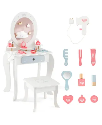 Costway Kids Vanity Set Makeup Table & Chair Sweet Accessories Included Storage Drawer