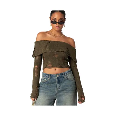 Women's Distressed Fold Over Sweater