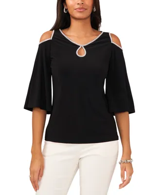 Msk Petite Beaded-Trim Keyhole Cold-Shoulder Knit Top