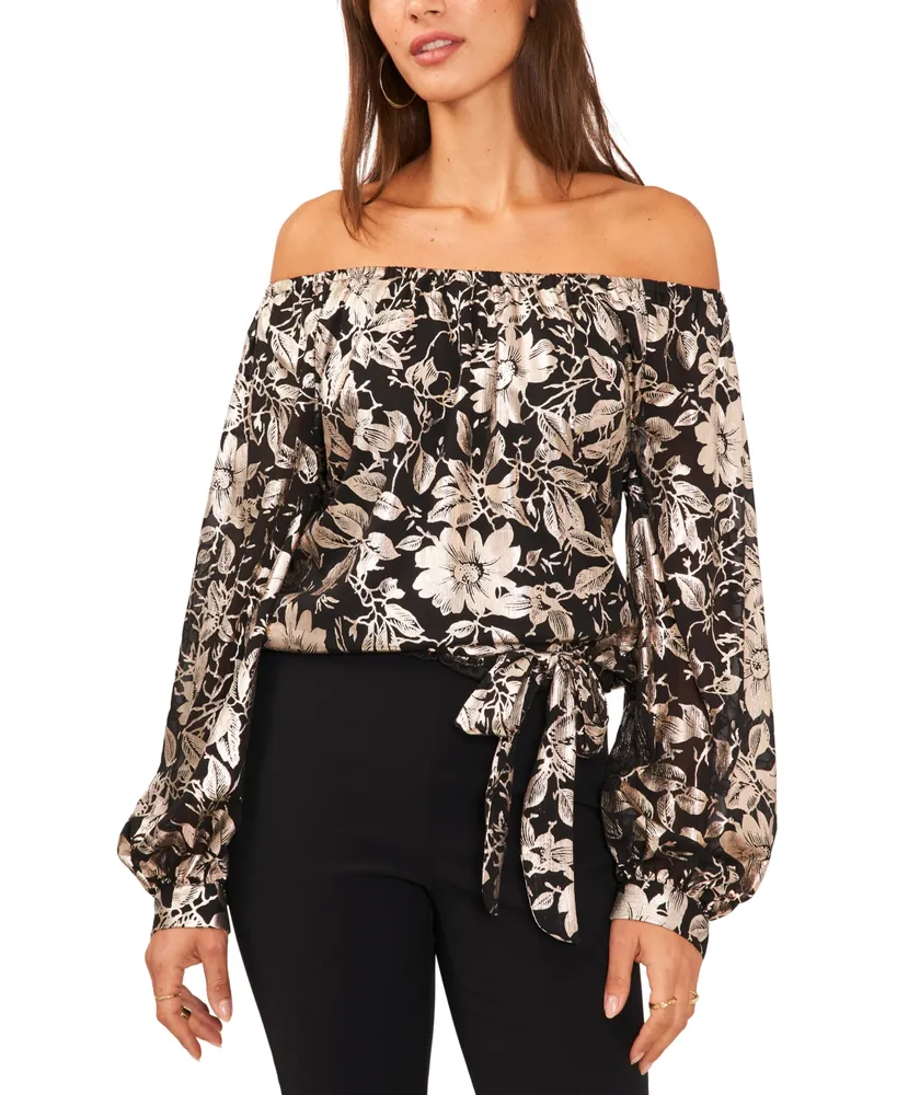 Msk Women's Floral Metallic-Chiffon Balloon-Sleeve Top