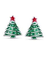 Bling Jewelry Small Fun Winter Holiday Red Star Enamel Green Christmas Tree Stud Earrings For Women Sterling Silver