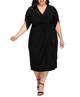 Kiyonna Plus Eden Midi Faux Wrap Dress with Draped Sleeves