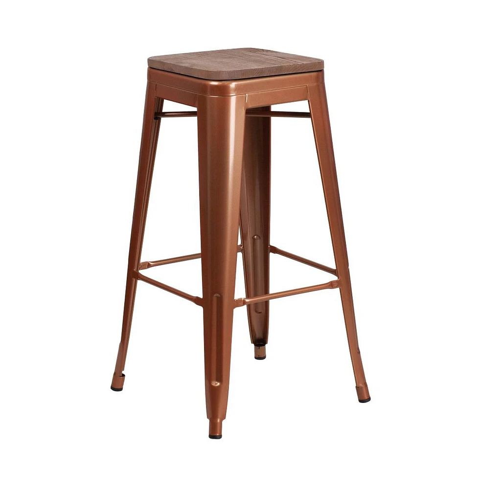 Dalton Series Backless Metal Dining Stool With Wooden Seat For Indoor Use