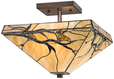 Robert Louis Tiffany Budding Branch Mission Tiffany Style Close To Ceiling Light Semi-Flush Mount Fixture Bronze 14" Wide Art Glass for House Bedroom