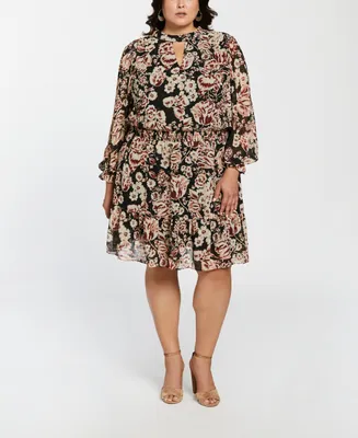 Ella Rafaella Plus Size Metallic Blooms Print Long Sleeve Dress