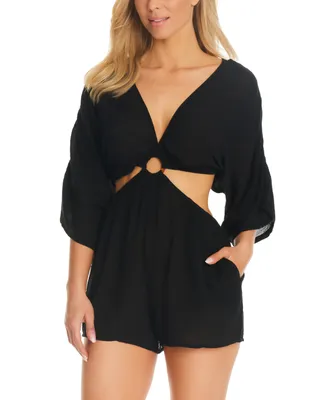 Bar Iii Core Solid Cut-Out Ring-Detail Tie-Back Romper, Created for Macy's