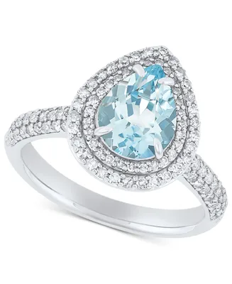 Aquamarine (1-1/3 ct. t.w.) & Diamond (5/8 ct. t.w.) Double Halo Ring in 14k White Gold