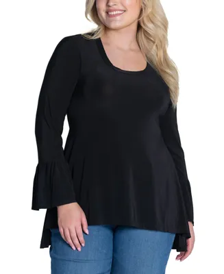 24seven Comfort Apparel Plus Long Bell Sleeve High Low Tunic Top
