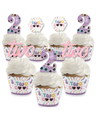Two Cool Girl Pastel 2nd Birthday Cupcake Wrappers and Treat Picks Kit Set of 24 - Assorted Pre