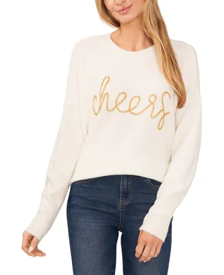 CeCe Women's Long-Sleeve Cheers Script Sweater