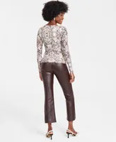 I.N.C. International Concepts Womens Long Sleeve Mesh Top Faux Leather Kick Flare Pants Created For Macys