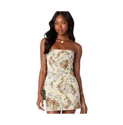 Women's Floral Tapestry Lace Up Mini Dress