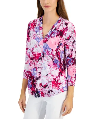 Jm Collection Women's Floral-Print Pleated-Shoulder Top, Created for Macy's