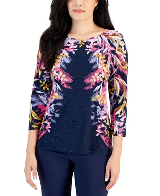 Jm Collection Women's Printed 3/4 Sleeve Jacquard Top, Created for Macy's
