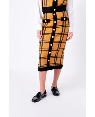 Women's Knit Check Plaid Midi Skirt