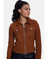 Furniq Uk Women's Denim Style Zipper Suede Jacket, Tan