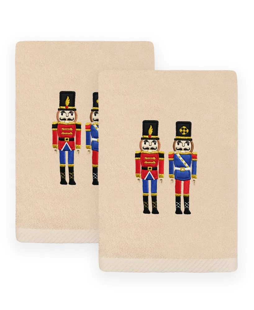 Linum Home Christmas Nutcrackers Embroidered Luxury 100% Turkish Cotton Hand Towels, 2 Piece Set