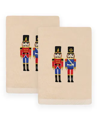 Linum Home Christmas Nutcrackers Embroidered Luxury 100% Turkish Cotton Hand Towels, 2 Piece Set