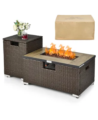 Costway 32'' x 20'' x 16'' Propane Rattan Fire Pit Table Set w/ Side Table Tank & Cover