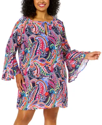 Anne Cole Plus Drawstring V-Neck Bell-Sleeve Tunic Cover-Up