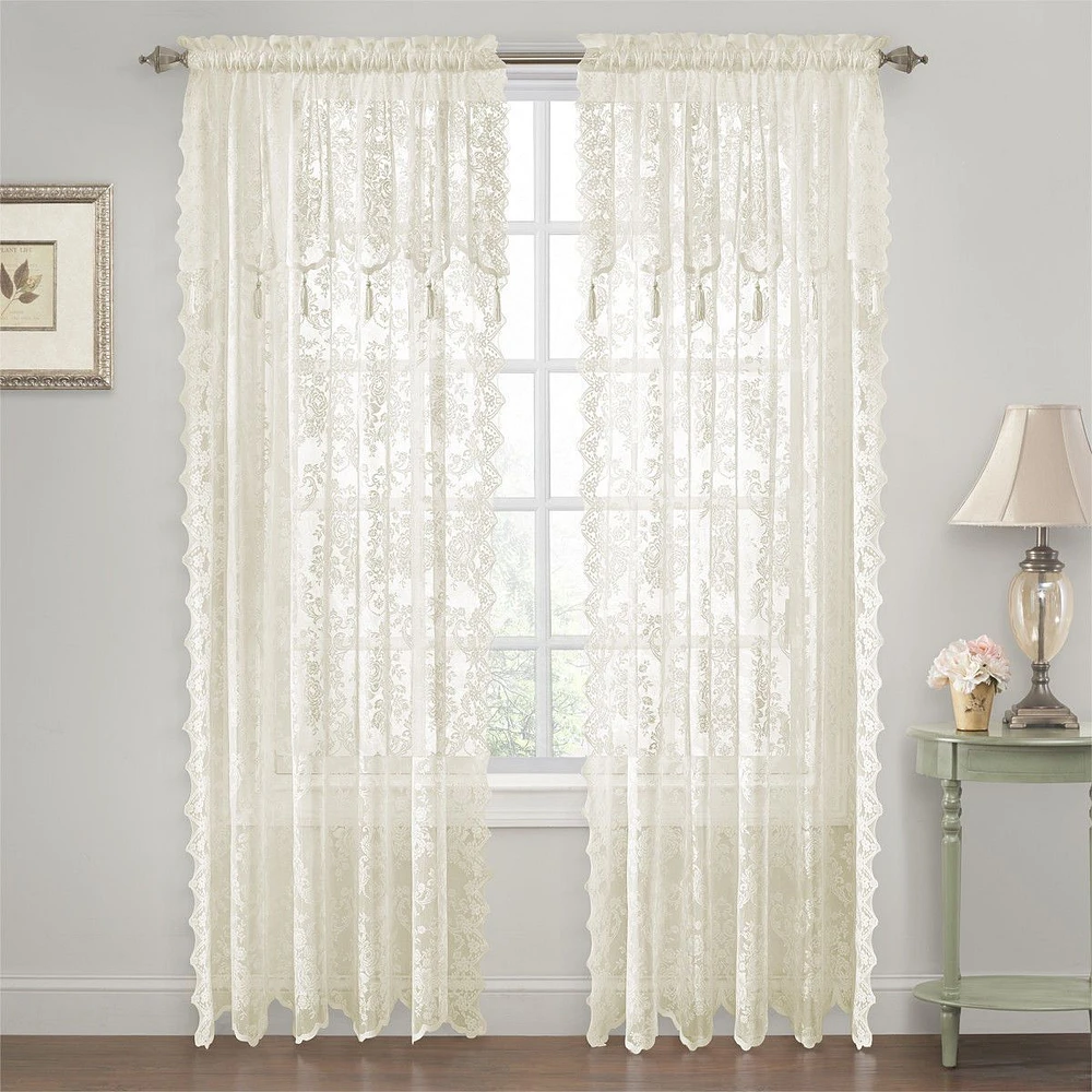 Kate Aurora Shabby Chic Lace Single Curtain Panel With An Attached Valance - 52 in. W x 84 L, White