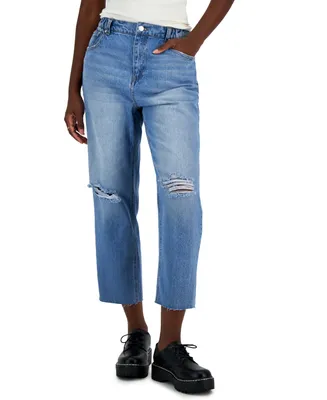 Vanilla Star Juniors' Elastic-Waist Cropped Straight-Leg Jeans