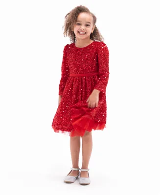 Rare Editions Toddler Girls Long Sleeve All-Over Sequin with Back Bow Social Dress