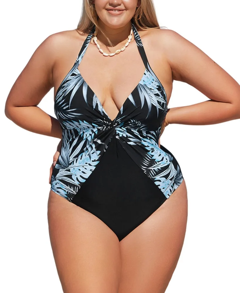 Cupshe Women's Digital Leaves Plunge Twist Halter Plus Size One Piece  Swimsuit
