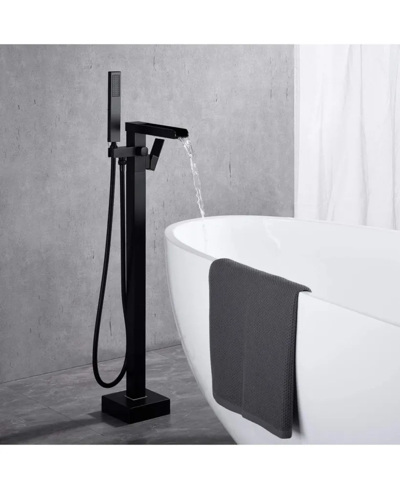 Simplie Fun Bathroom Freestanding Waterfall Tub Filler Brushed Nickel Floor Mount Faucet With Hand Shower