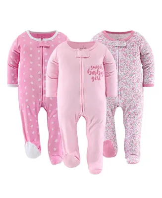 The Peanut Shell Floral Love Footed Baby Sleepers for Girls, 3-Pack