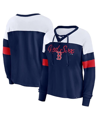 Women's Fanatics Navy, White Boston Red Sox Even Match Lace-Up Long Sleeve V-Neck T-shirt