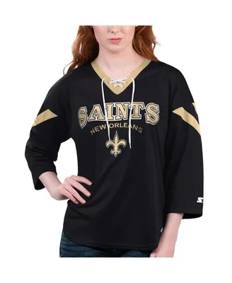 Women's Starter Black New Orleans Saints Rally Lace-Up 3/4 Sleeve T-shirt